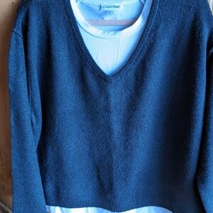 American Eagle Outfitters Women's Solid Black Knit V-Neck, L/S, Ribbed Hem (L)